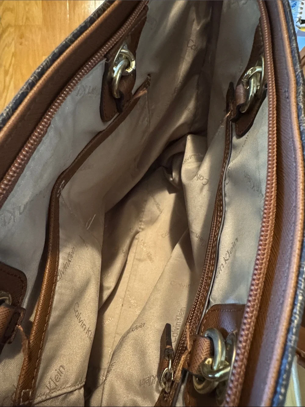 Calvin Klein Brown Monogrammed Double Strap Shoulder Bag